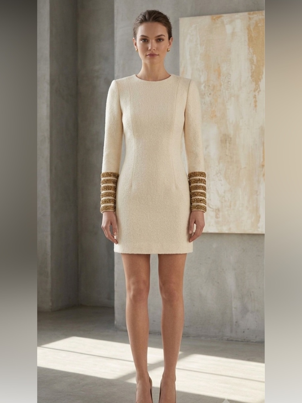 Shibuya 109 Cream Long Sleeve Mini Dress Gold Embellished Cuffs M - Picture 2 of 13